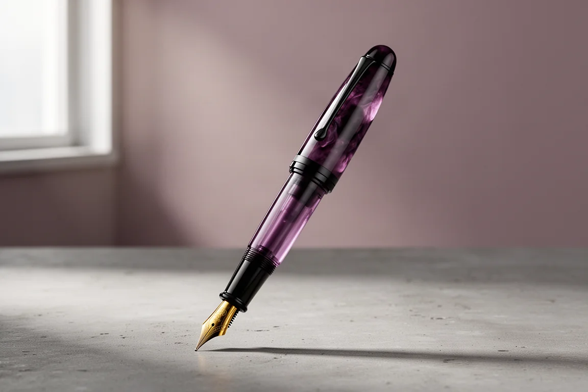Penna stilografica viola profondo con finiture nere in piedi su una superficie di cemento