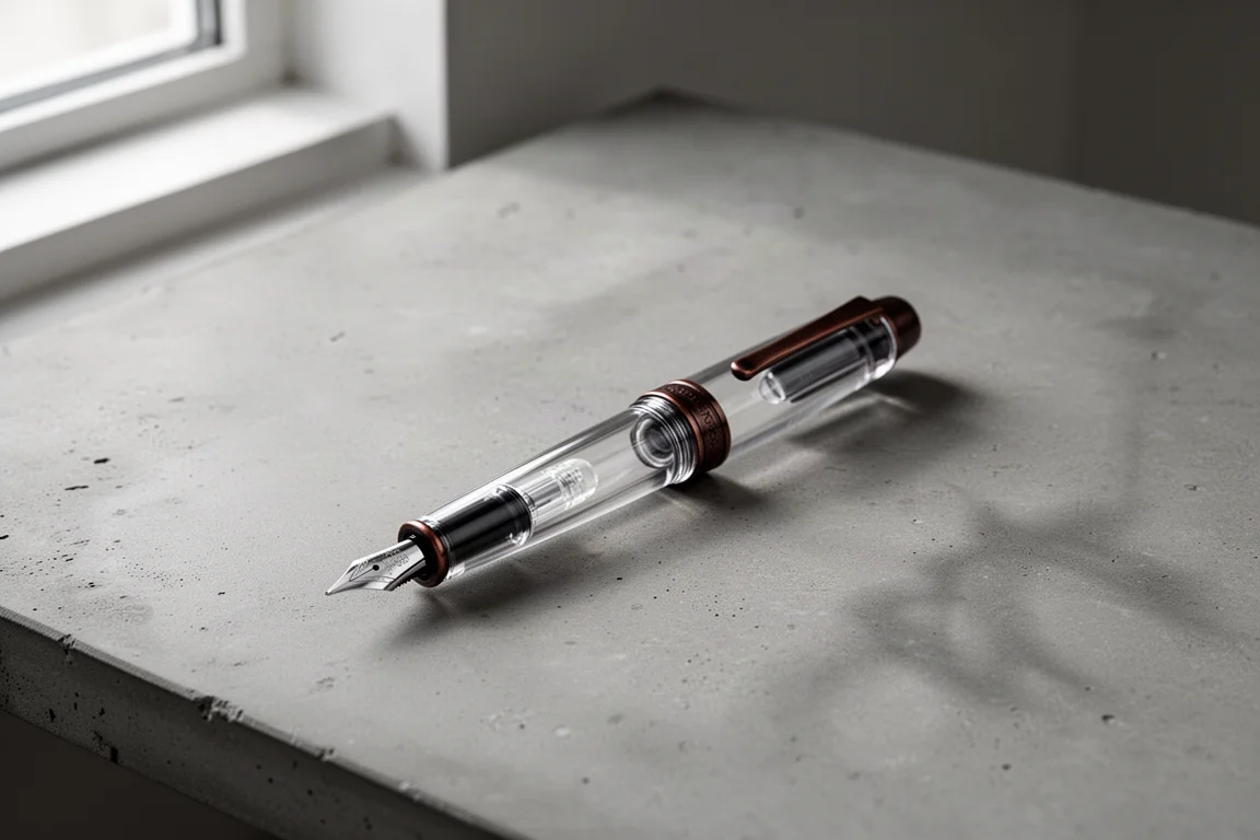 Stylo plume démonstrateur transparent avec garnitures bronze posé sur un bureau