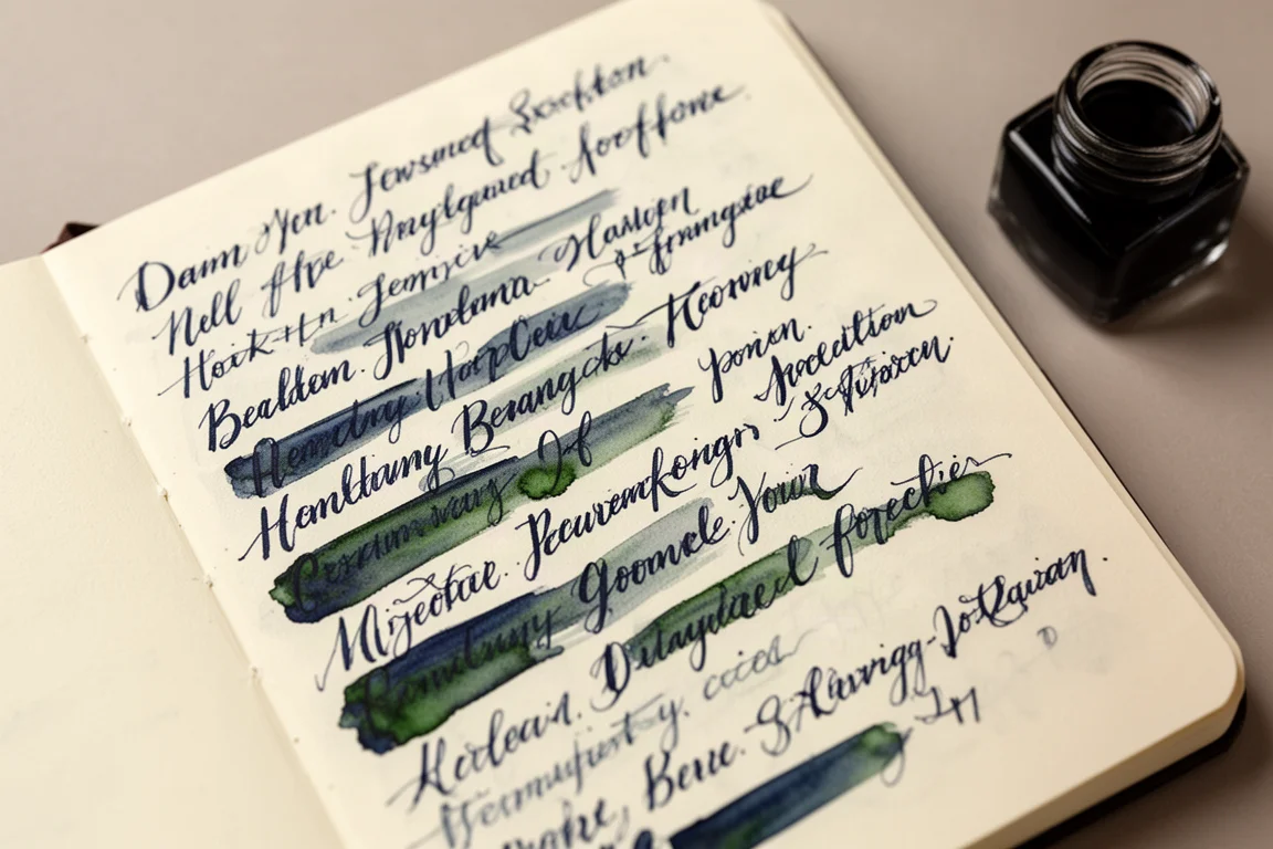 Encre bleu foncé aux reflets verts séchée sur des échantillons d'écriture sur papier crème