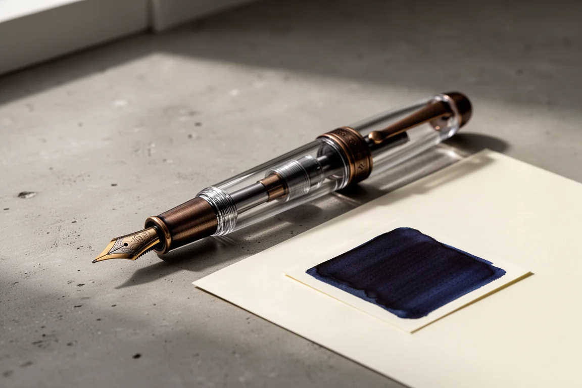 Clear demonstrator fountain pen with bronze trim beside dark blue ink writing on cream paper