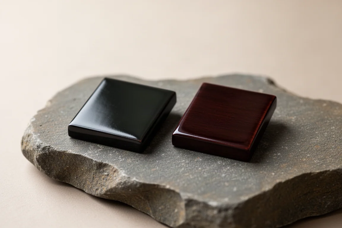 Muestras de laca urushi del mismo color que muestran diferentes profundidades de curado