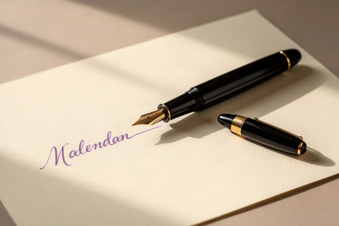 Pluma estilográfica escribiendo con tinta morada clara sobre papel texturizado