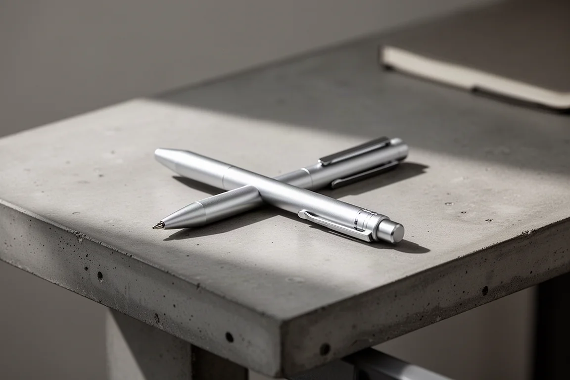 Slim silver multifunction pen on a concrete desk with soft daylight