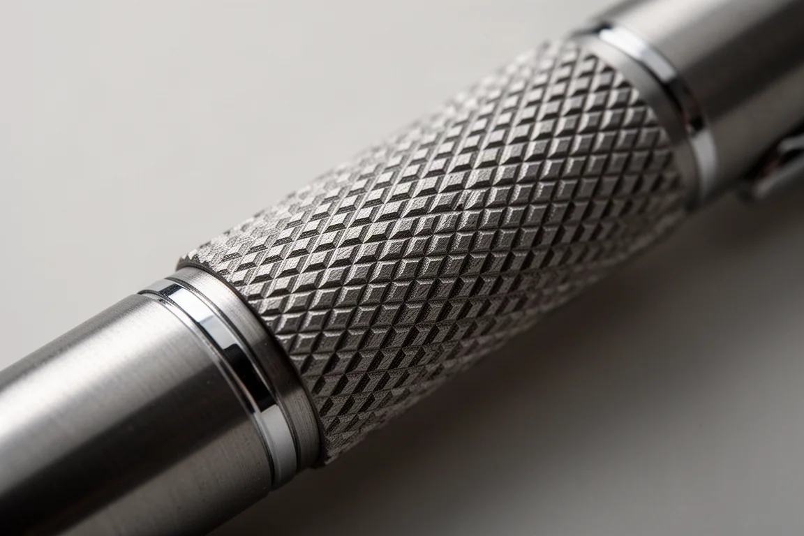 Close-up of a knurled metal grip section showing fine crosshatch texture