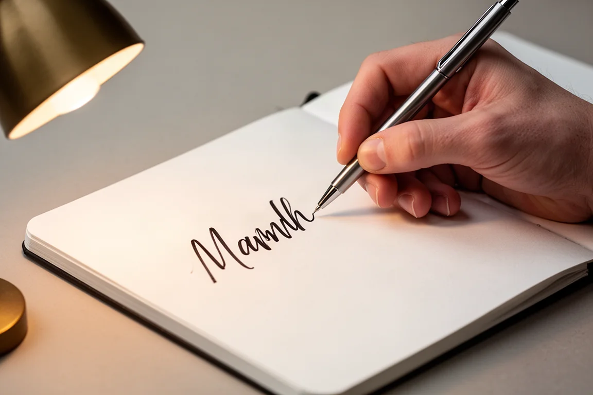 Hand writing smooth dark ink lines on white notebook paper