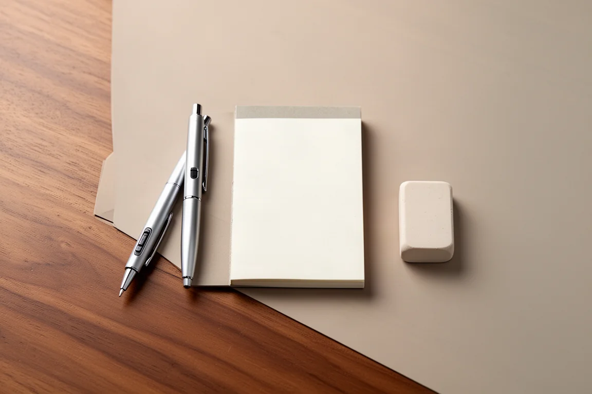 Tidy flat-lay of everyday carry stationery on a wooden desk
