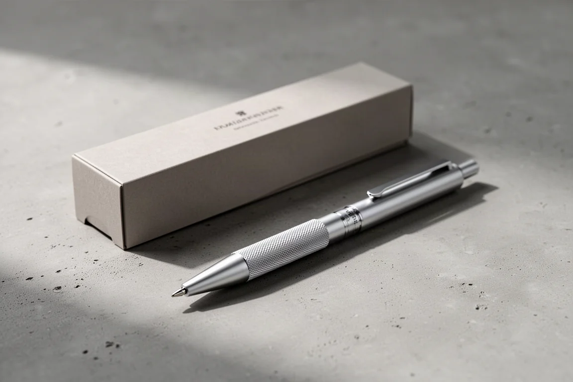 Slim silver multifunction pen beside its packaging on a concrete surface