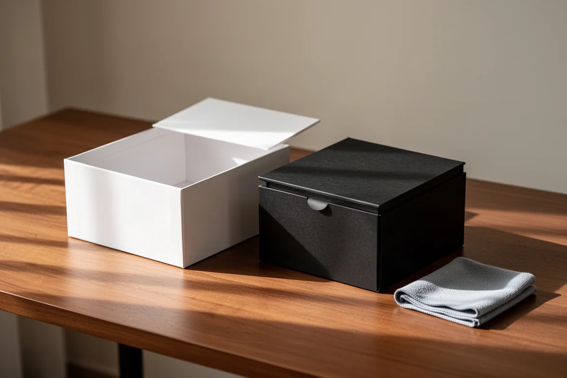 Escena de desempaquetado con una caja exterior blanca y una caja de presentación negra mate sobre un escritorio