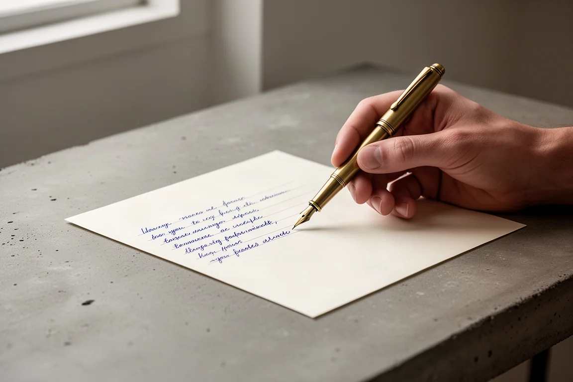 Una mano escribiendo con fluidez sobre papel con un bolígrafo metálico pesado bajo una luz suave