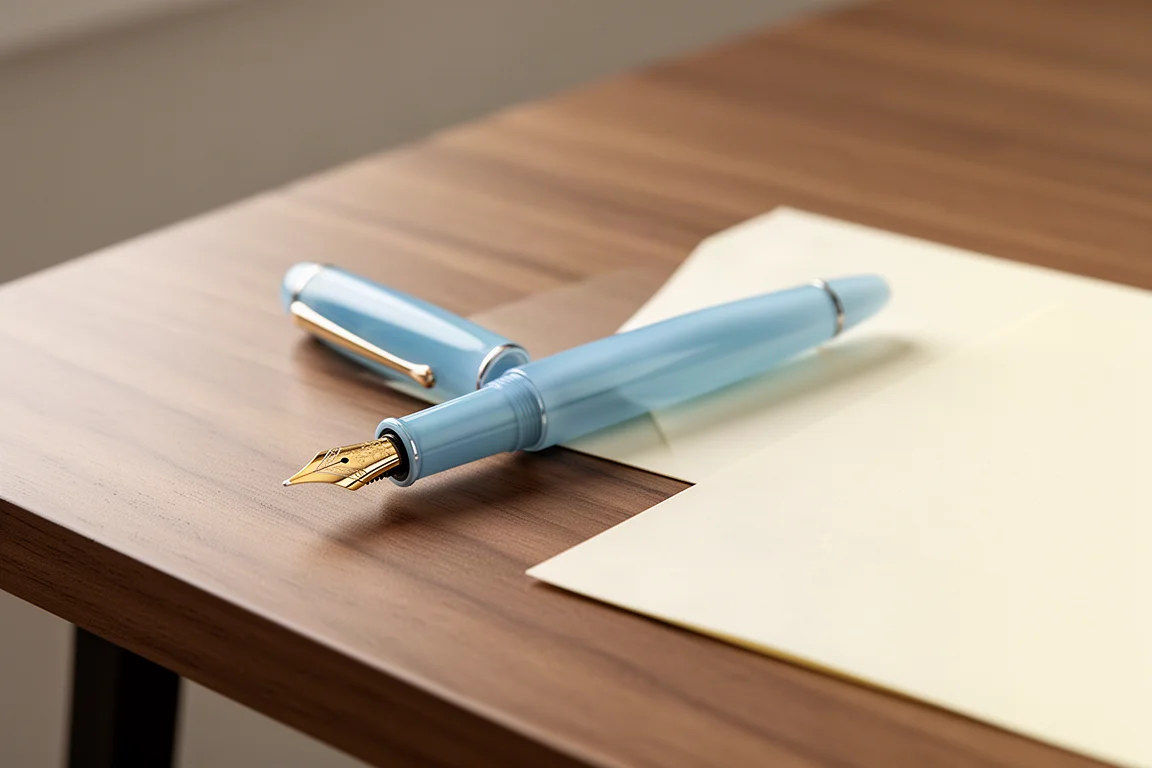 Stylo plume bleu clair brillant posé sans son capuchon sur un bureau d'écriture
