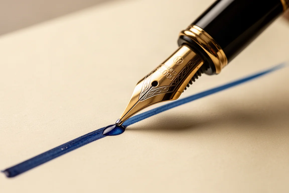 Gros plan sur une plume dorée de stylo plume en train d'écrire sur du papier