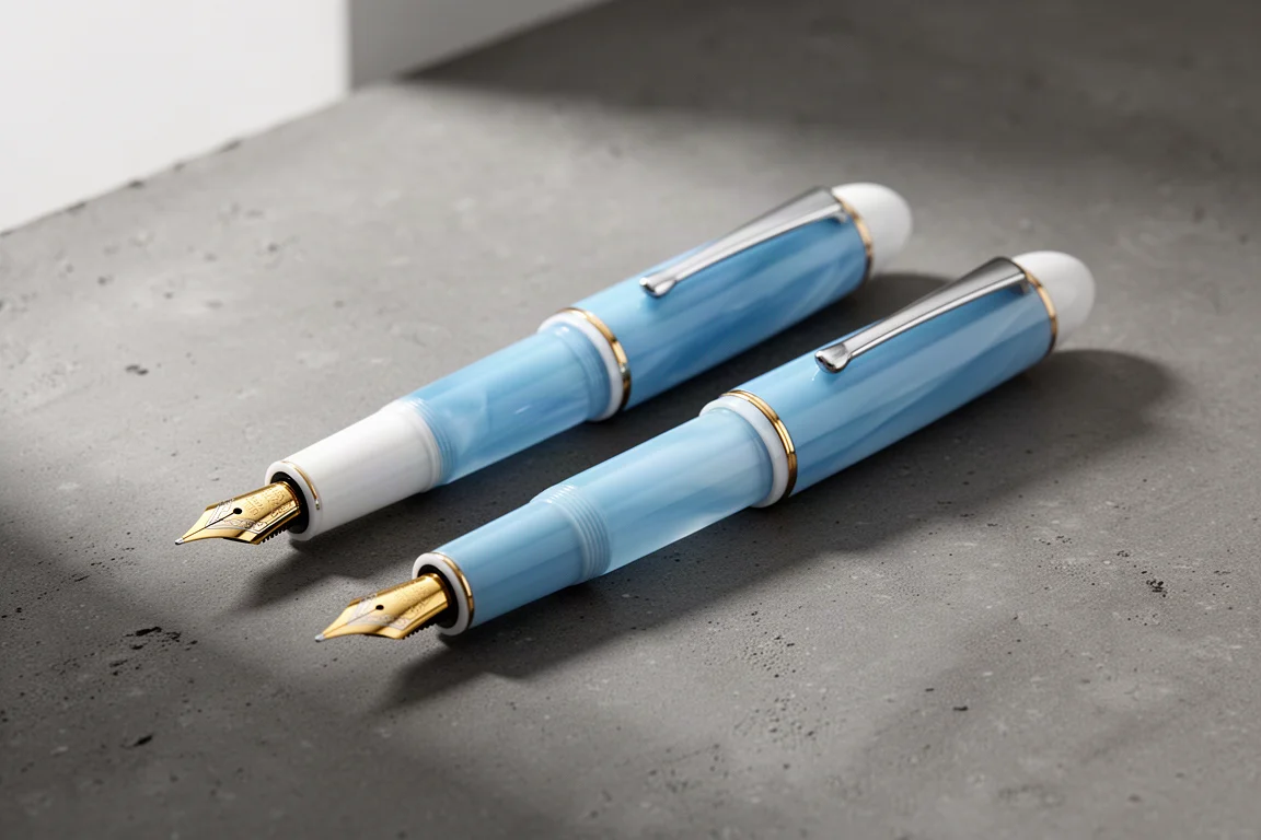 Two light blue Sailor fountain pens with white accents on a grey surface