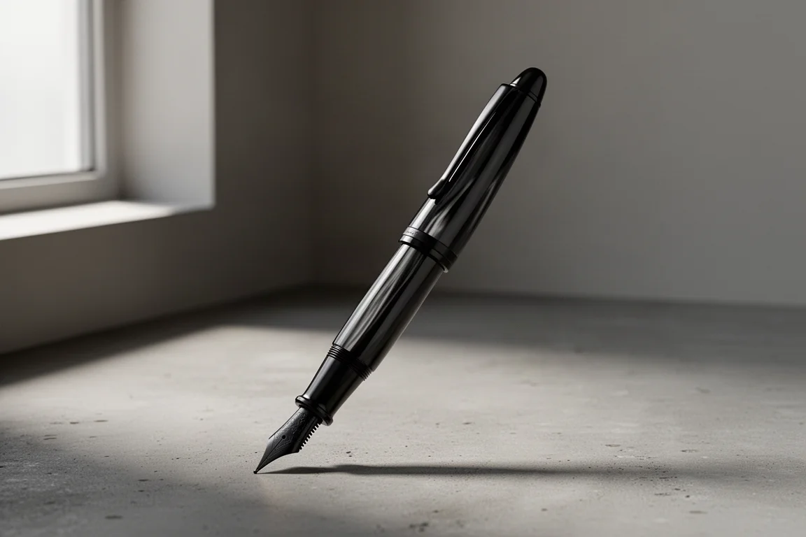 Pennino a sfera... anzi, penna stilografica Sailor Pro Gear nero opaco scoperta su una scrivania in legno