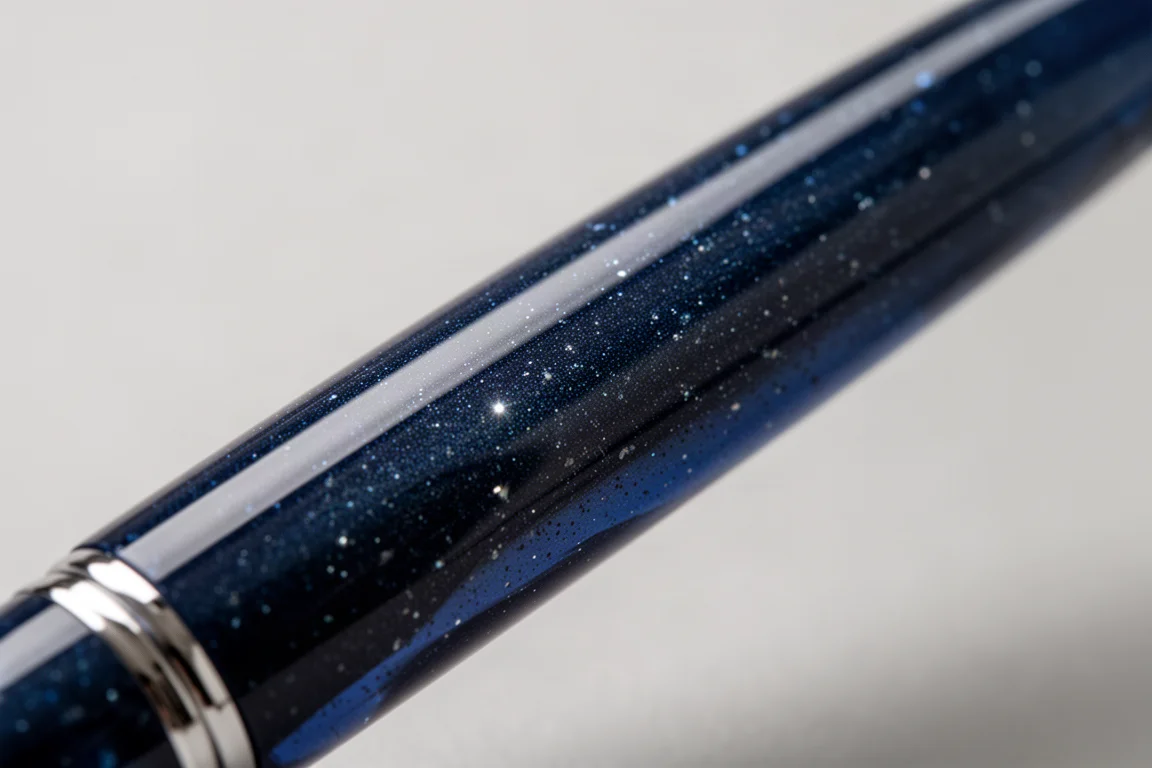 Nahaufnahme eines tiefblauen, perlmuttfarbenen Füllfederhalter-Schafts mit subtilem Schimmern