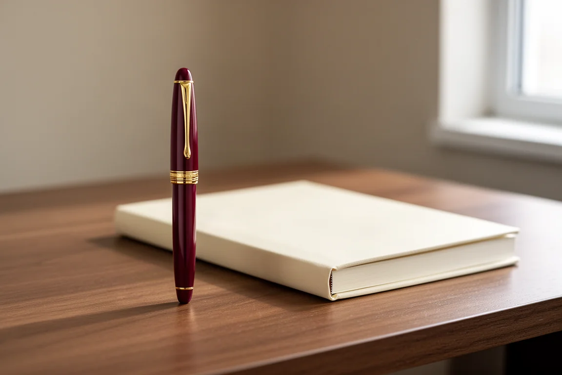 Stylo-plume compact bordeaux avec capuchon vissé au dos, posé sur un bureau à côté d'un carnet