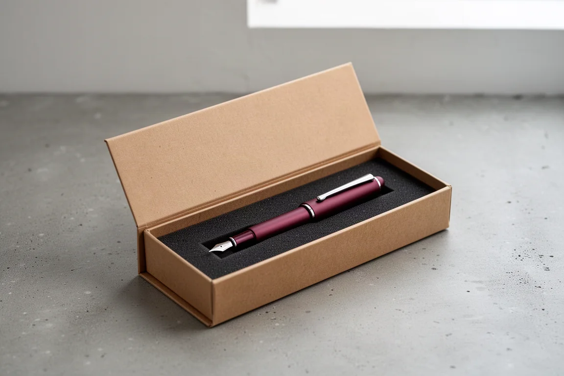 Gros plan sur la petite plume dorée d'un stylo-plume et son canal d'encre en plastique anguleux