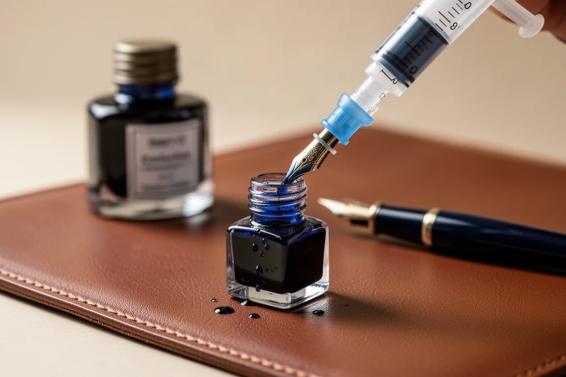 Remplissage à la main d'une petite cartouche d'encre avec une seringue sur un tapis de bureau