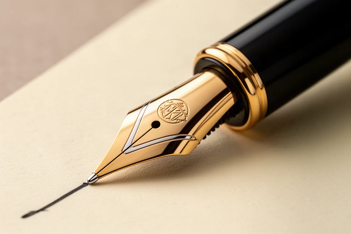 Primer plano de un plumín grande de oro de pluma estilográfica con un emblema grabado fino