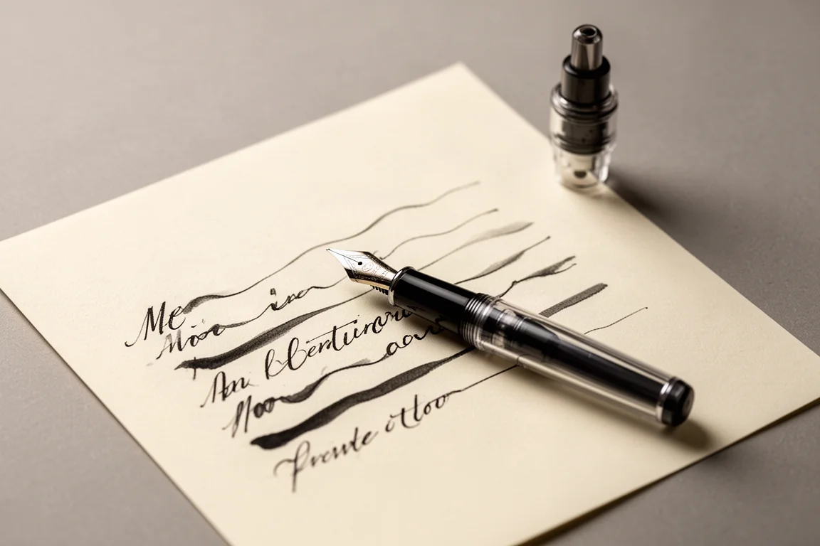 Líneas de tinta escritas a mano al estilo japonés sobre papel crema con una pluma estilográfica apoyada junto a la página