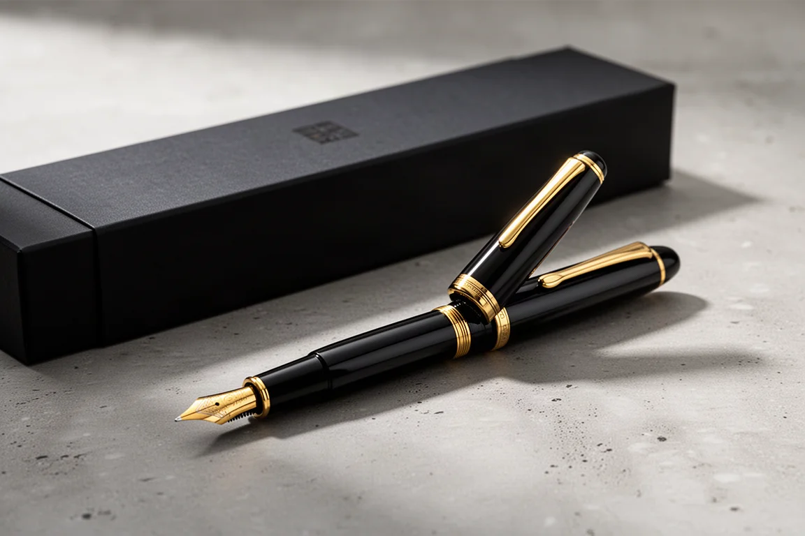 Black fountain pen with gold trim resting beside a thick presentation box on a concrete surface
