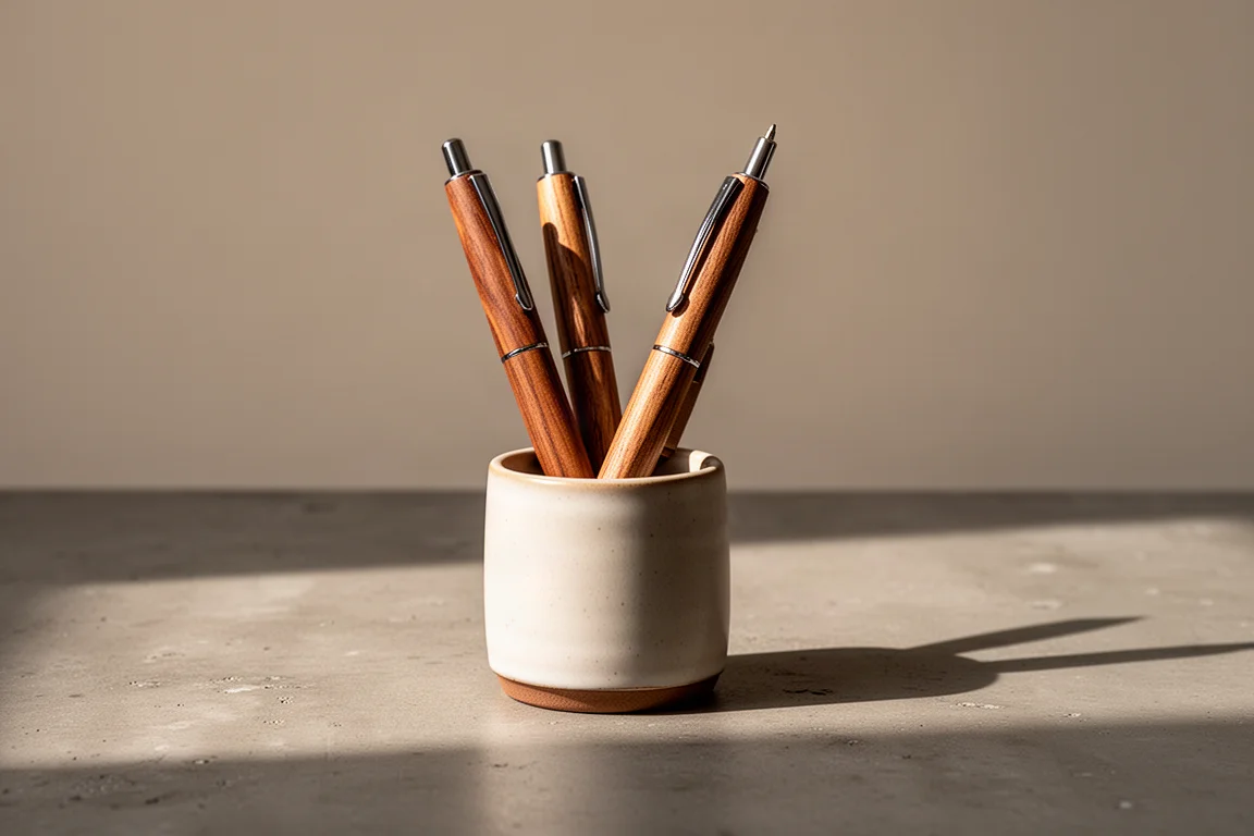 Draaimechanisme van een houten veelpen op een bureau
