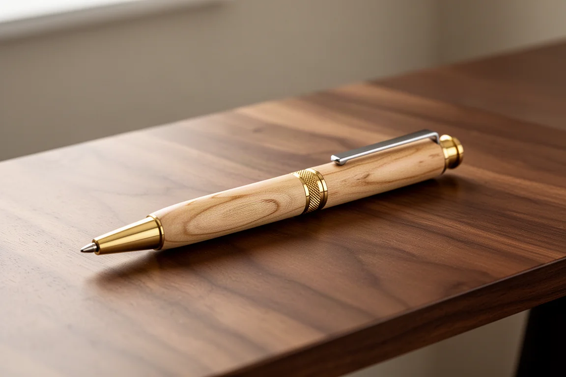 Wooden multi-pen with brass fittings lying on a walnut desk