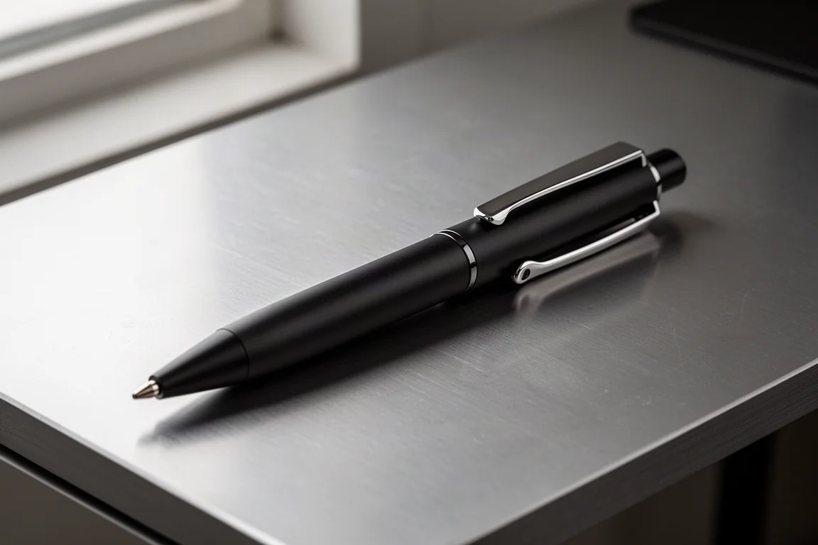 Penna a sfera in ottone nero opaco con clip ispirata agli orologi su una scrivania in alluminio