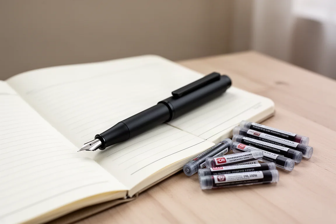 Uma caneta tinteiro preta fina apoiada num caderno ao lado de uma pequena pilha de cartuchos de tinta