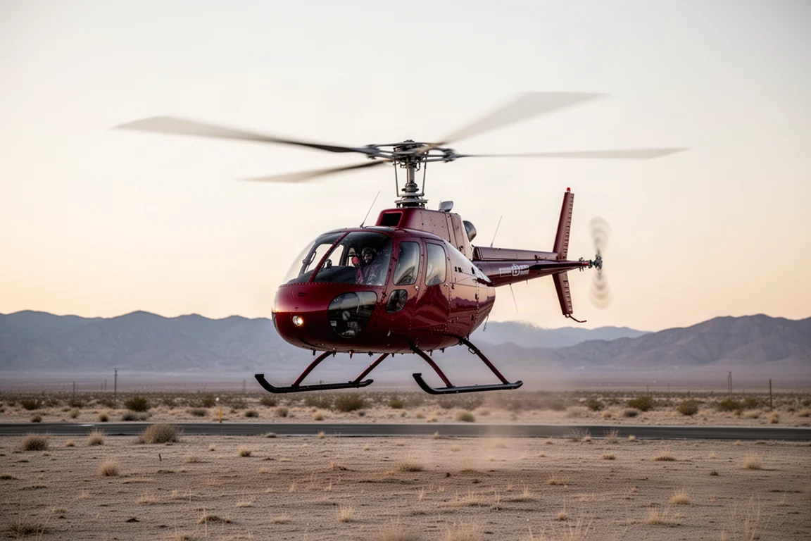 Kleine tweezits helikopter die op enkele meters boven een woestijnvliegveld in de dageraad zweeft