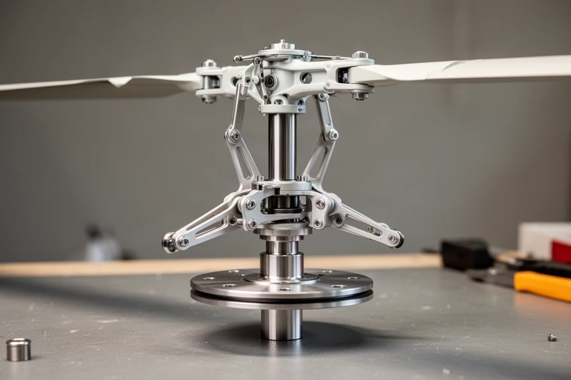 Close-up van een helikopterrotorkop en holle hoofdas in een werkplaats