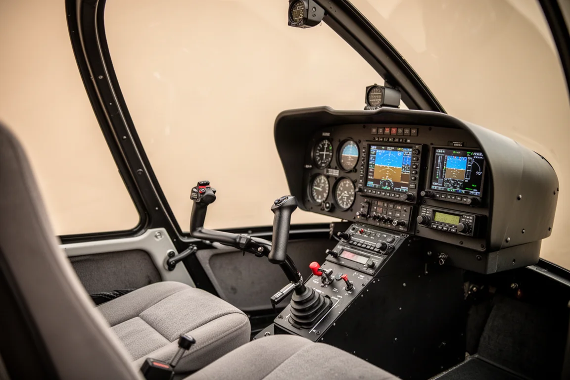 Interieur van een helikoptercockpit met instrumentenpaneel en frictievergrendelingen op de besturing