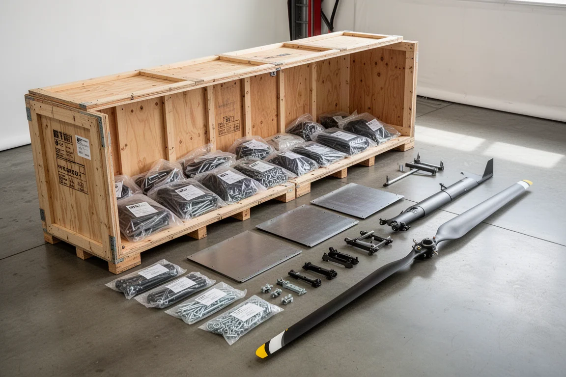 Lange houten krat met helikopterkitonderdelen uitgespreid op een hangarvloer