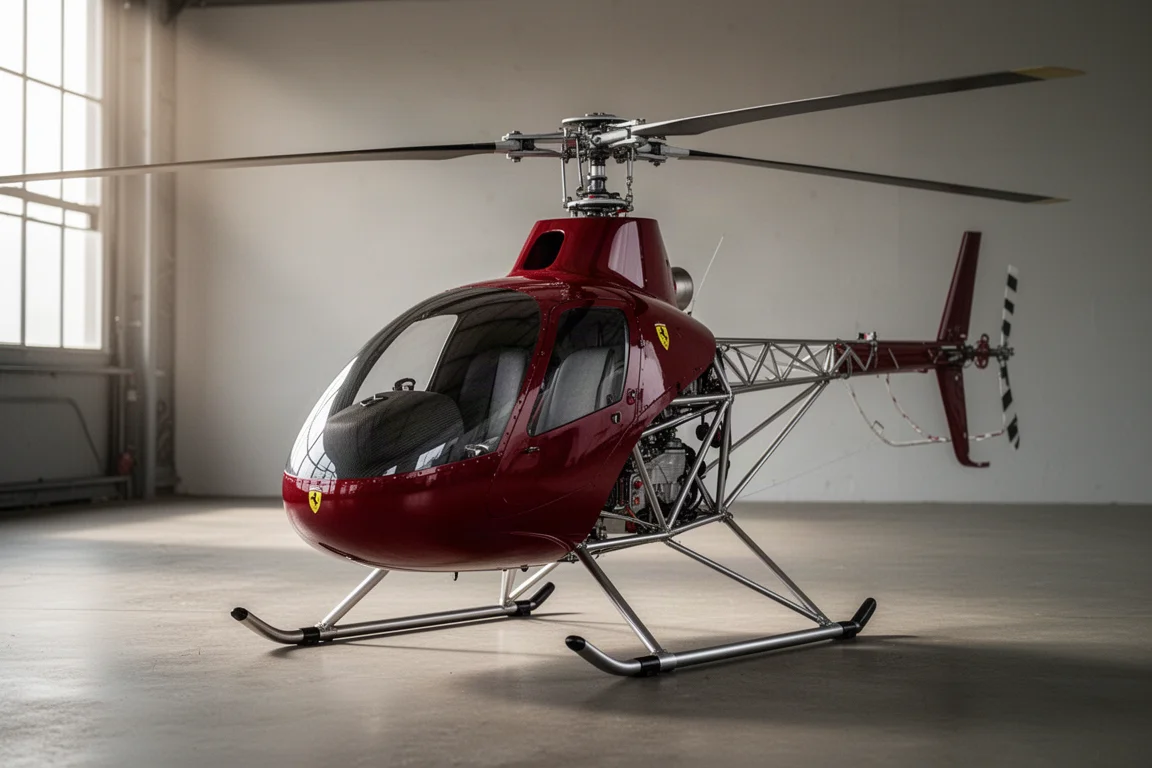 Small red two-seat kit helicopter on a concrete hangar floor