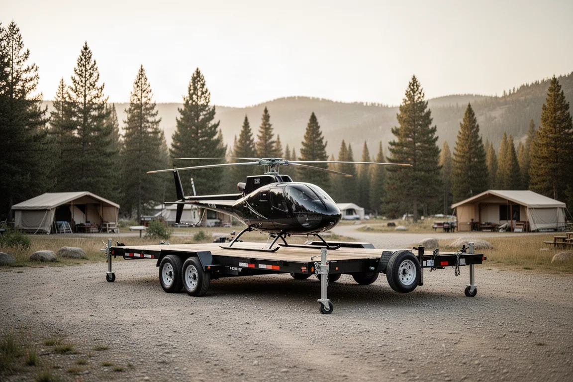 Helikopter op een lage trailer op een kampeerplek in het binnenland