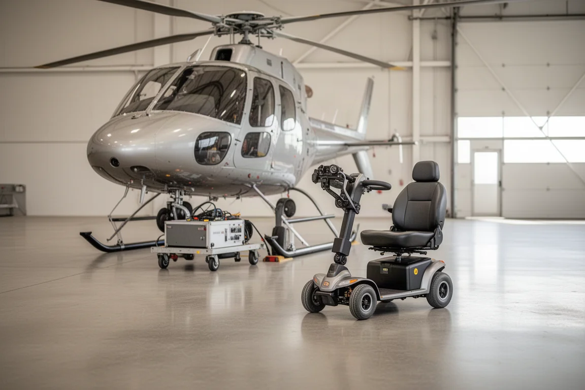 Powered trolley met mobility scooter die een helikopter in een hangar verplaatst