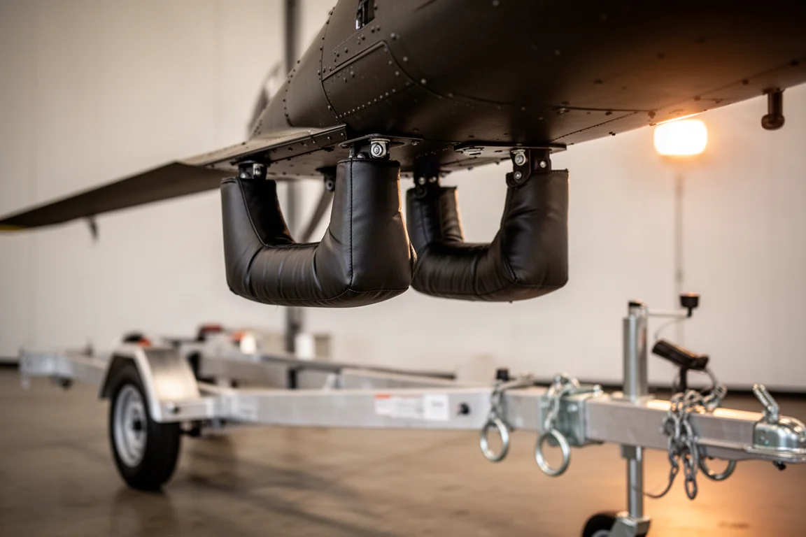 Steunbevestigingen voor rotorbladen aan een helikopterblad in zacht licht