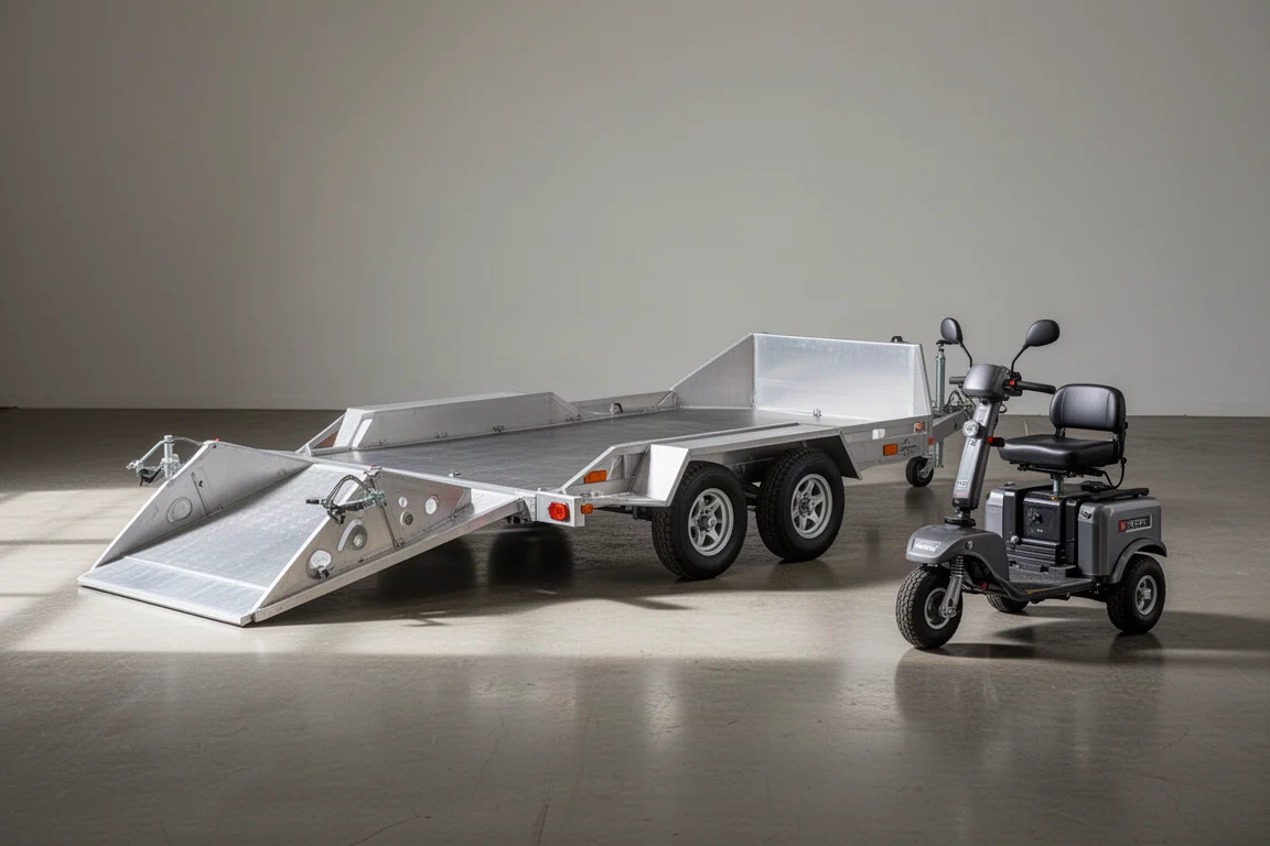 Low-profile helicopter trailer and powered trolley with mobility scooter on hangar floor