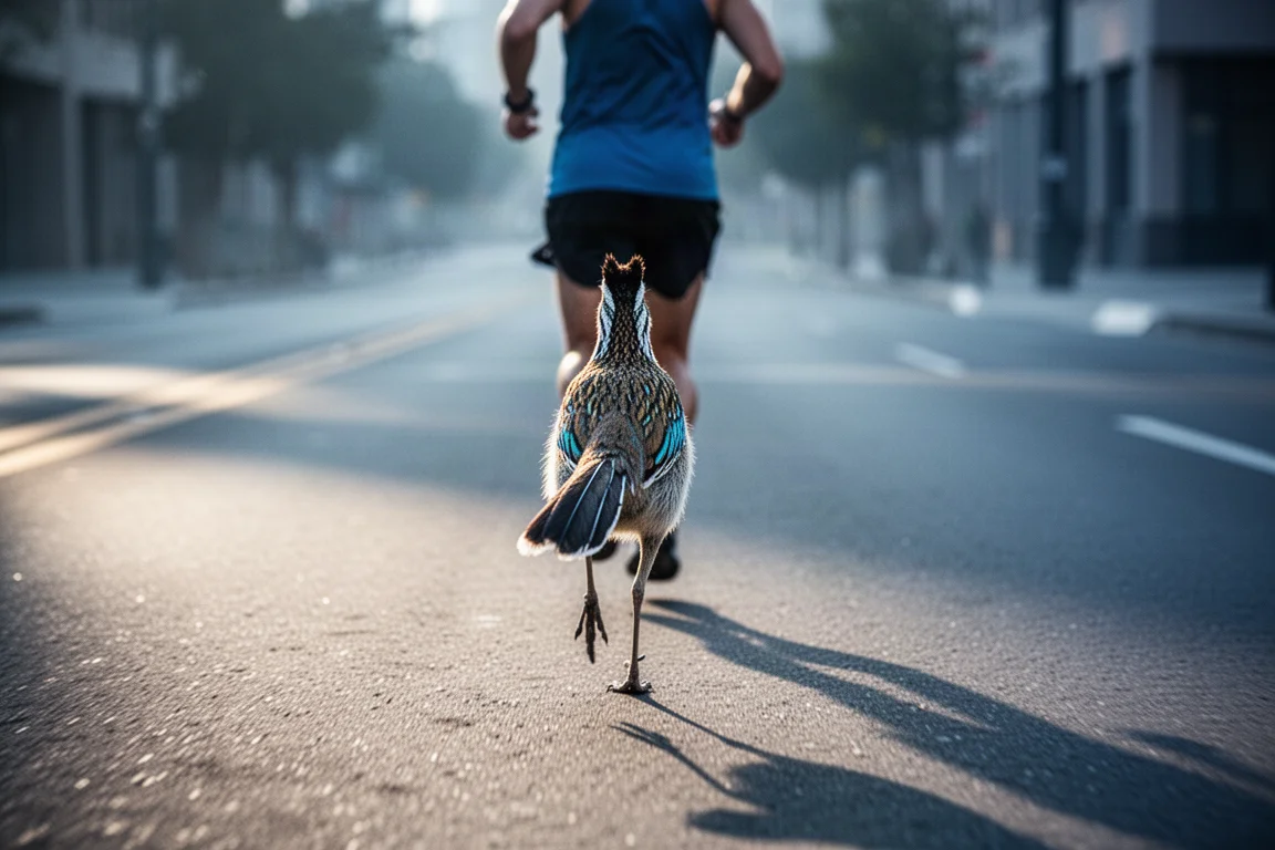 早朝の街路上をテンポ走で駆け上がるロードランナー