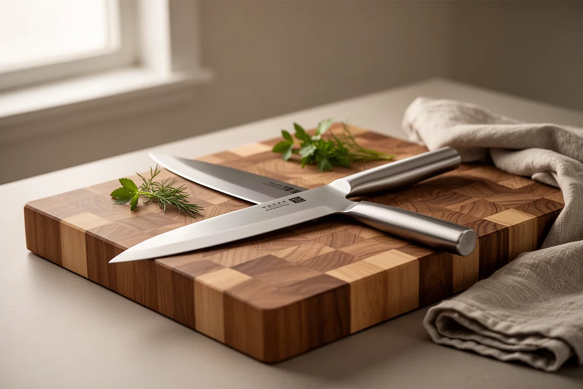 Cuchillo gyuto apoyado en una tabla de cortar de madera junto a hierbas frescas