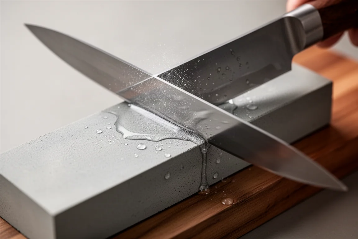 Filo del cuchillo siendo refinado en una piedra de afilar con agua sobre la superficie