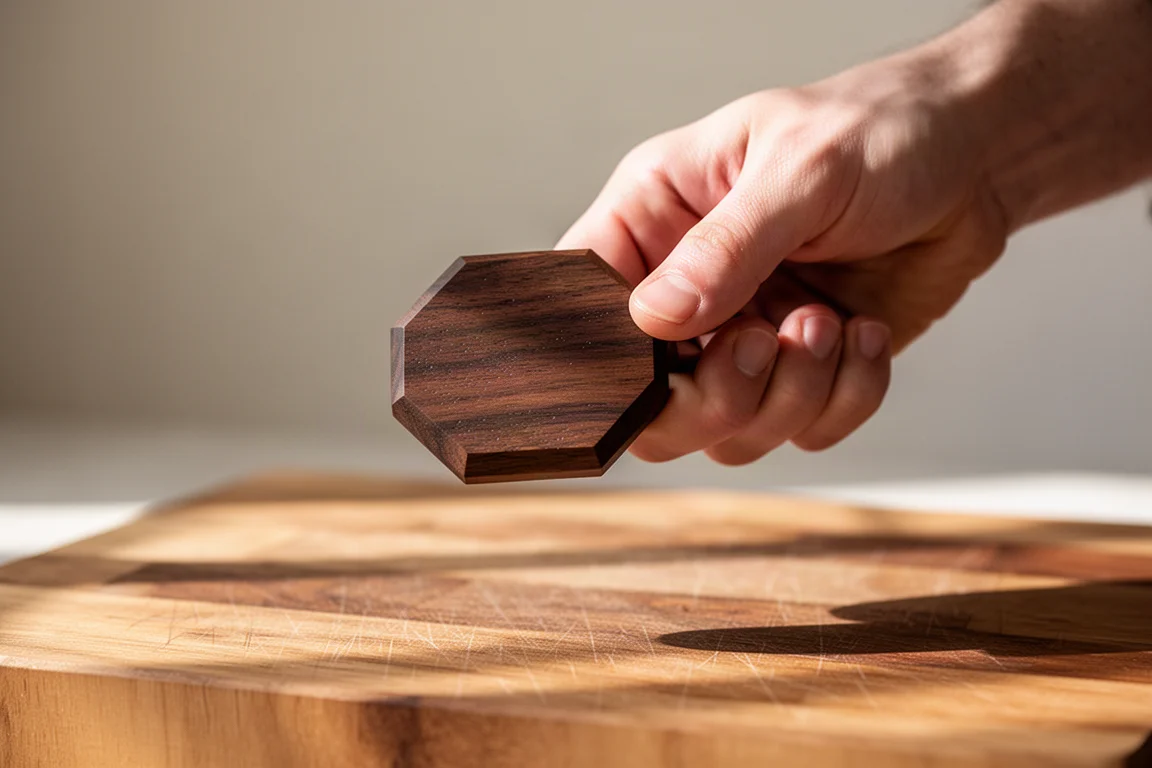 Mano sujetando un cuchillo con un agarre cómodo tipo pinza sobre una tabla de cortar