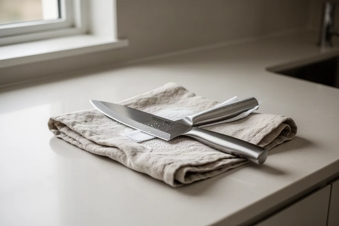 Encimera de cocina con un cuchillo secado con un paño limpio
