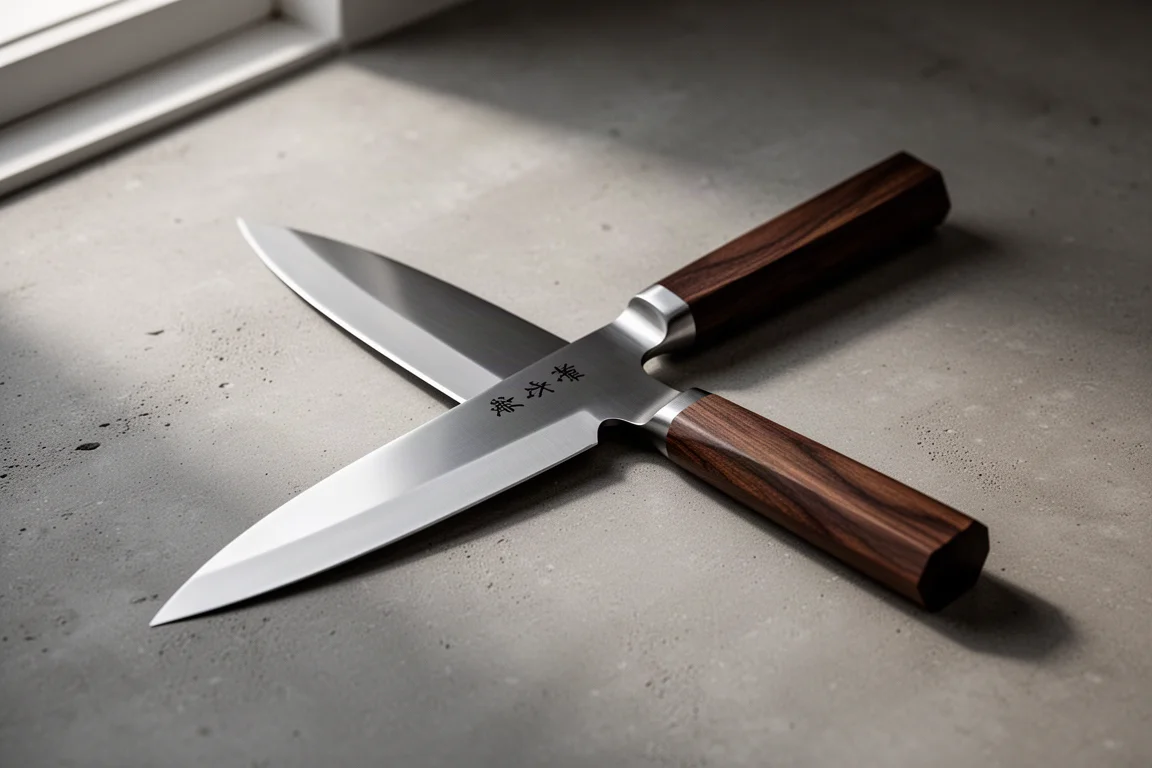 Sakon Ginga Octogrip 180mm gyuto knife on a concrete surface