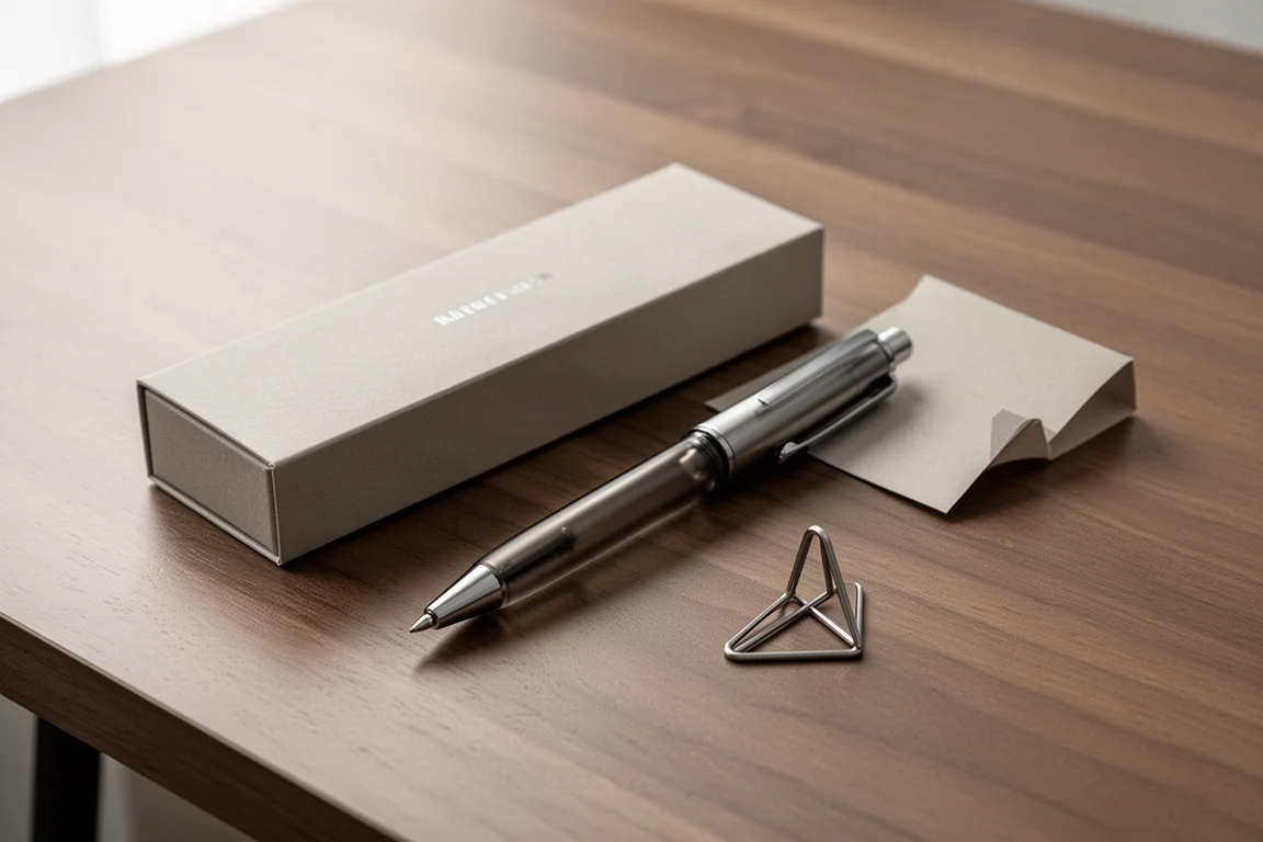 Stylo gel édition limitée déballé avec son emballage et sa pince triangulaire posés sur un bureau