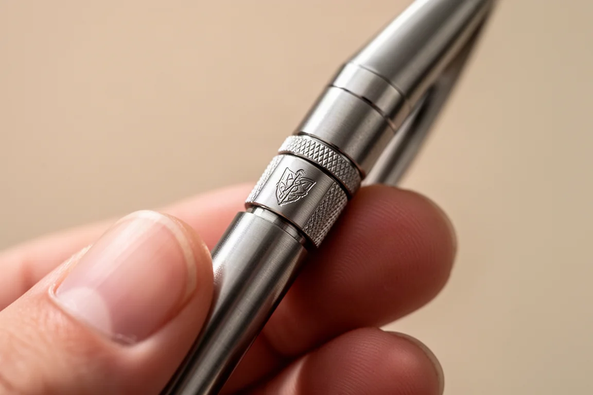 Gros plan sur un mécanisme rotatif moleté du stylo que l'on fait tourner entre les doigts