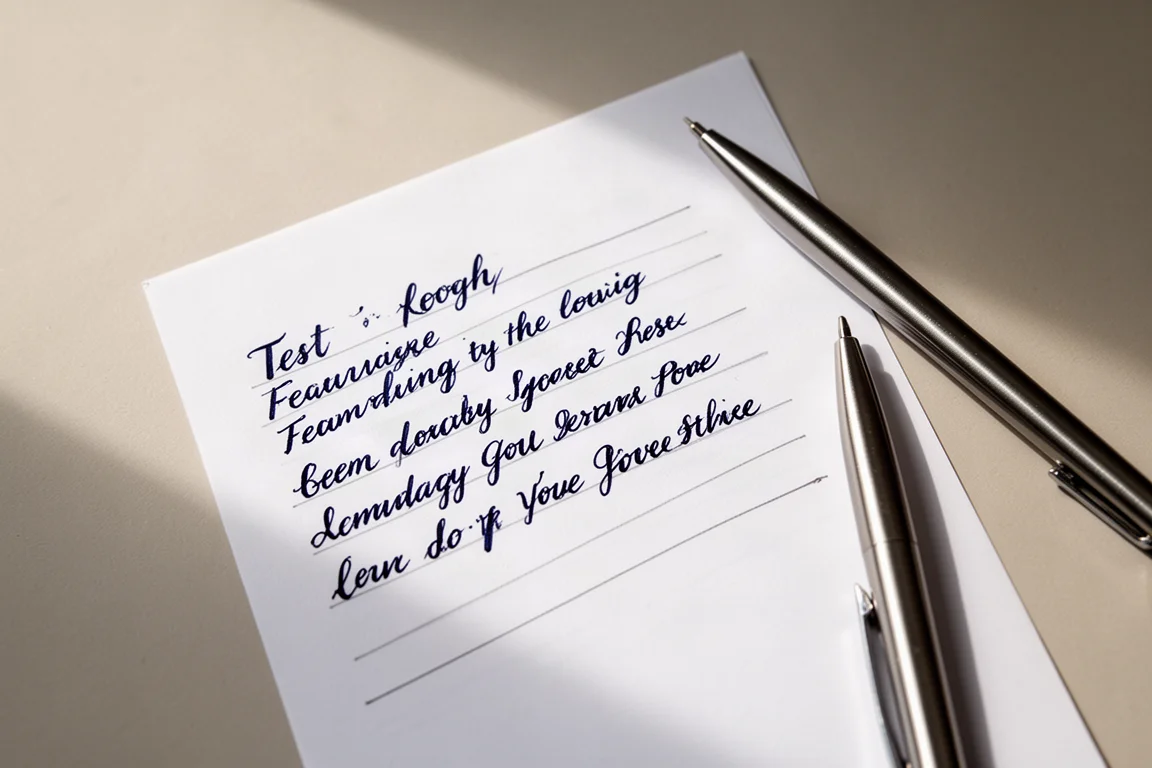 Lignes manuscrites à l'encre bleu noir profond sur papier blanc
