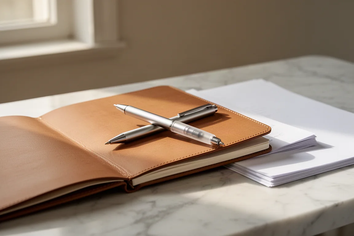 Stylo métallique posé sur un carnet en cuir pendant une séance d'écriture