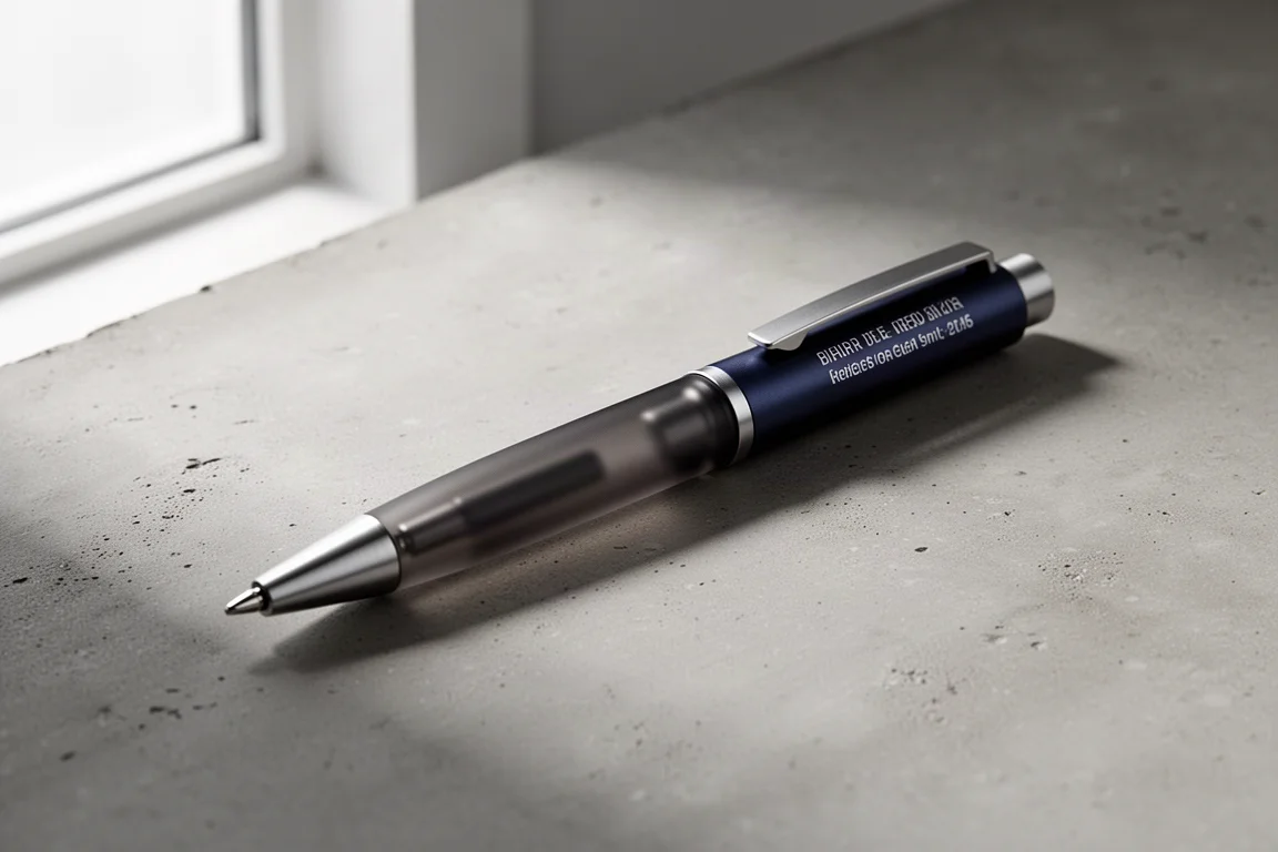 Sakura Craft Lab 001 Aluminum Edition gel pen in blue black on a concrete surface