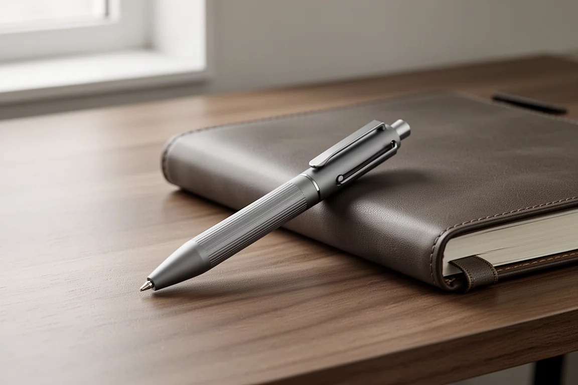 Stylo multifonction compact en aluminium à corps anodisé gris cendre sur un bureau en bois