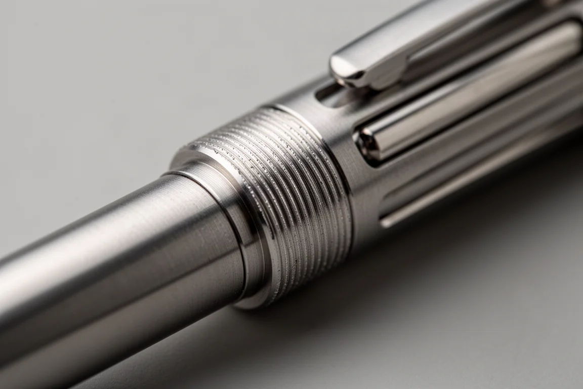 Gros plan sur une bague moletée à mécanisme rotatif sur le corps d'un stylo multifonction
